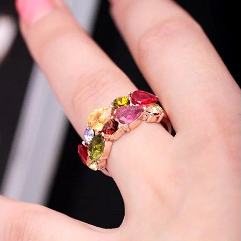 Huitan Fancy Bright Colorful Zirconia Finger Ring Female Rose Gold Color Accessories for Engagement Ceremony Aesthetic Jewelry