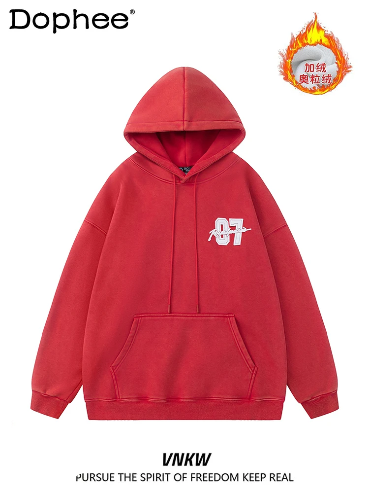 

American Retro Fashion Trend Printed Fleece Hoodie Winter Warm Loose Casual Versatile Jacket Unisex