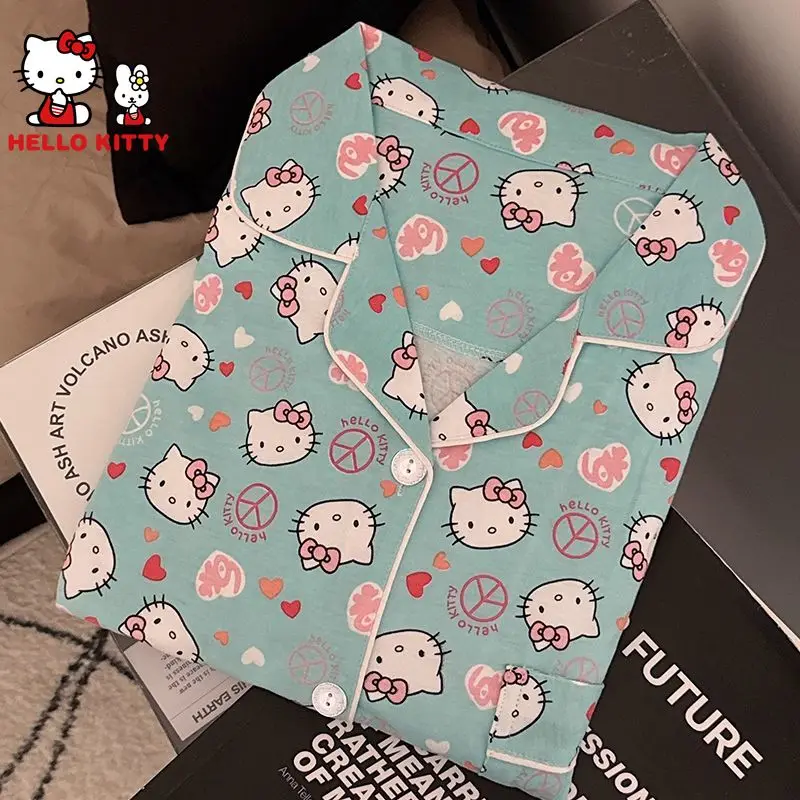 Cute Hello Kitty Cartoon Long Sleeve Pajamas Female New Autumn Winter Students Sweet Home Clothes Outside Spring Blue Sleepwear