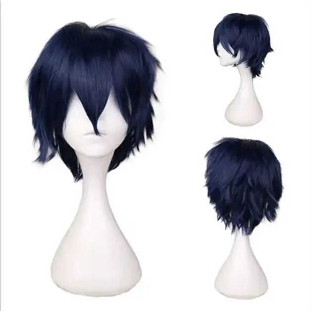 Peluca de pelo corto para hombre, pelo sintético con flequillo, color negro, Blanco, Morado, Rubio, rojo, Cosplay, disfraz de Anime, Halloween