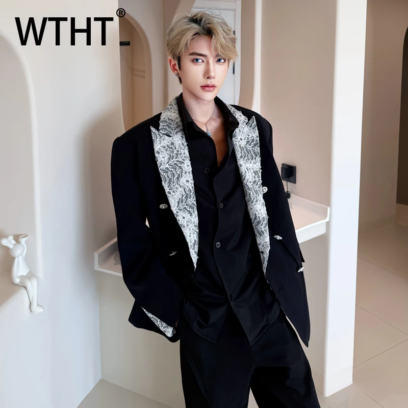 WTHT ファッションメンズスプライスレースコントラストカラーブレザーコートトレンディなターンダウンカラー長袖ジャケット男性 2025 秋 2A2139