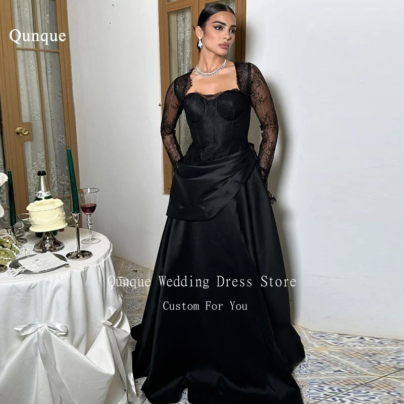 

Qunque Black Satin Pleat Prom Dresses Sweetheart A-line Cap Sleeves Lace Vestido De Festa Evening Dress With Pockets Customized