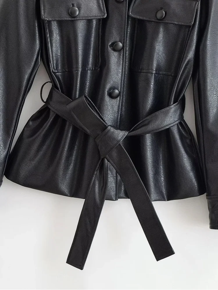 AACHOAE Women PU Leather Jacket Belted Waist Coat Stand Collar Button Front Long Sleeve Casual Vintage Faux Leather Outerwear