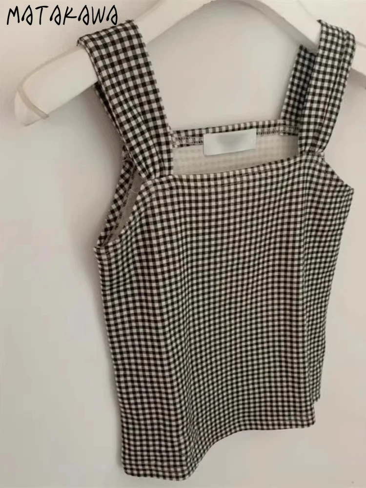 

Matakawa Spring Summer Plaid T Shirt for Women Y2k Sweet Korean Fashion Ropa De Mujer Simple Basics Vintage Tank Tops Clothing