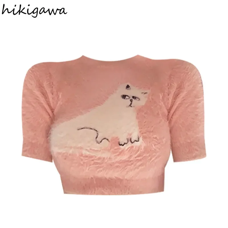 Knitwear Cropped Pullovers Women\'s Clothing O-neck Short Sleeve Cat Print Jumper Pull Femme Sweet Pink Knitted Sweater Y2k Tops