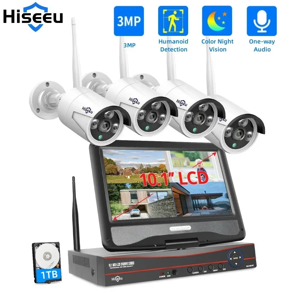 

Hiseeu H.265+ All in one with 10.1" LCD Monitor Wireless Security Camera System Home 10CH 3MP NVR Kit 1536P Outdoor IP Cameras