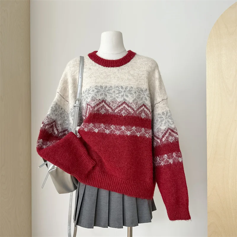 

Women's Red Fehrman Contrasting Round Neck Sweater Y2k 2000s Autumn And Winter New Shoulder-Fall Loose Lazy Sweater Pullovers