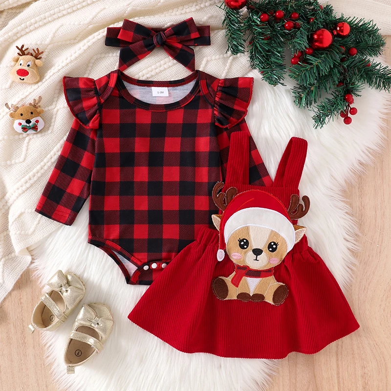 Baby Girl Christmas Outfit, Plaid Ruffle Long Sleeve Romper Reindeer Patch Suspender Skirt Tie Headband 3 Piece Set