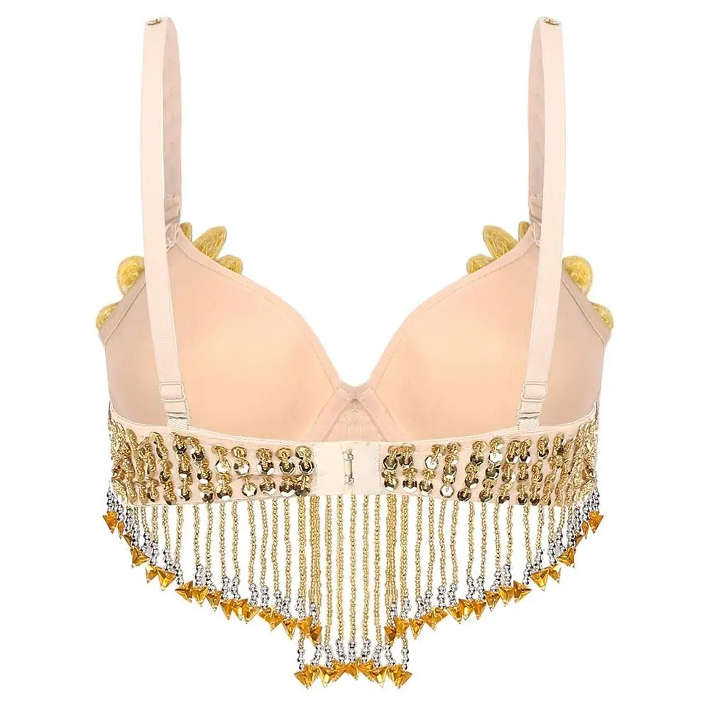 魅力的なビーズタッセルベリーダンストップス調節可能なストラップナイトクラブアンダーワイヤーブラ光沢のあるステージダンスウェアフェスティバル