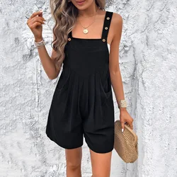 Spring Summer Casual Temperament Solid Color Women Overalls Shorts Country Cotton Literary Retro Straight Suspenders Jumpsuit