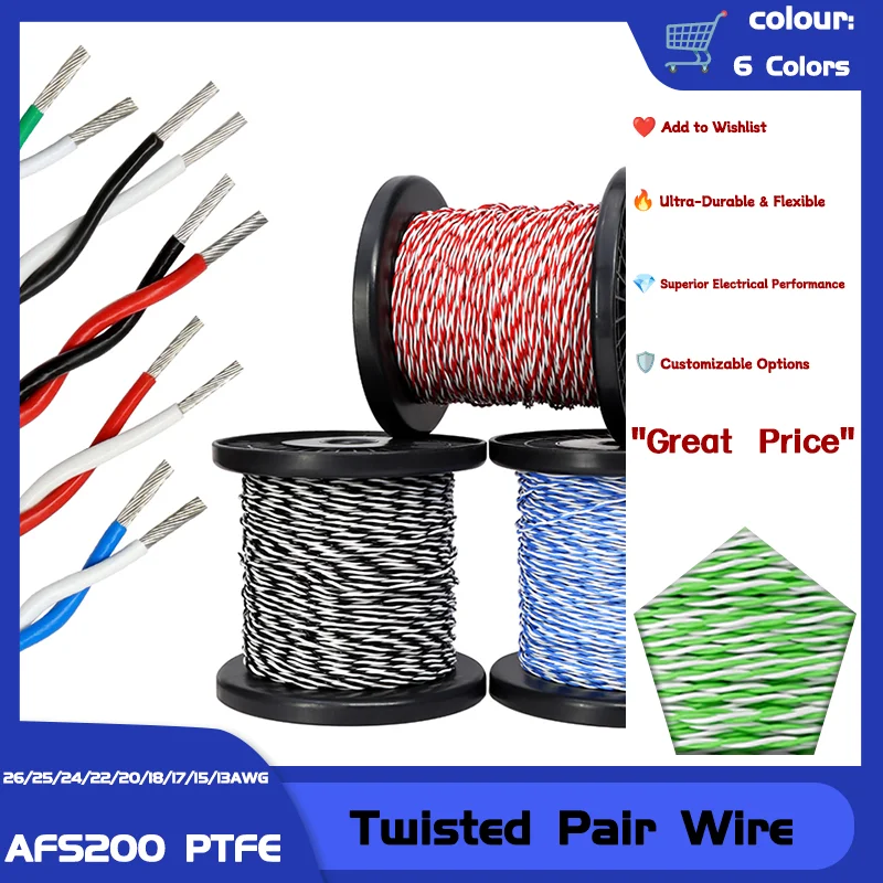 

FEP AFS200 PTFE Wire Twisted Pair 2pins Tinned Copper High Temperature DIY Electronic Signal Cable 26/25/24/22/20/18/17/15/13AWG