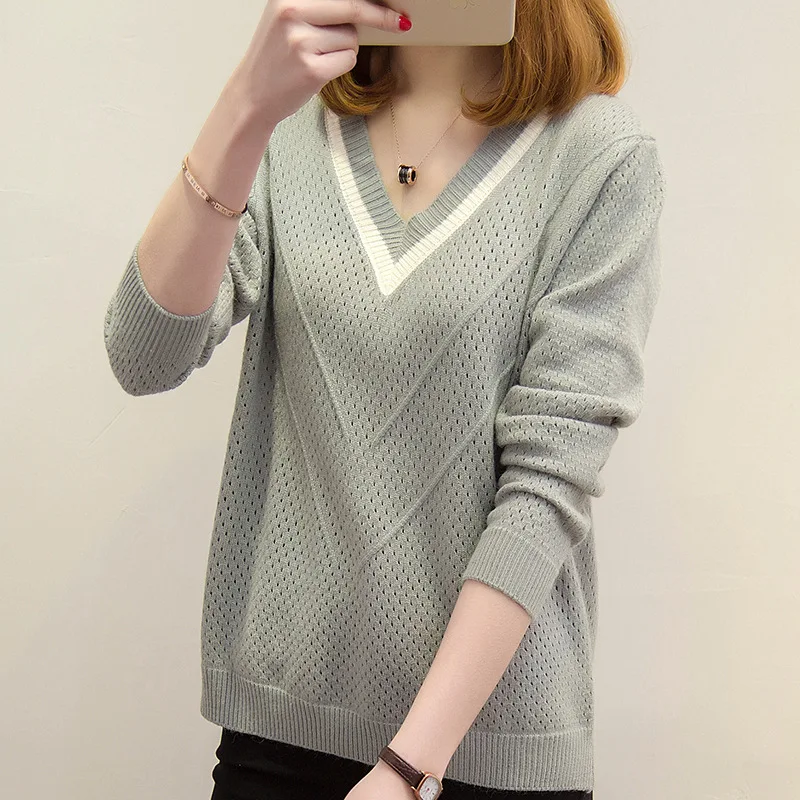 Spring Autumn New Short V-Neck Sweater Women Pullovers Long Sleeve Knitwear Korean Loose Versatile Woolen Top Pull Femme