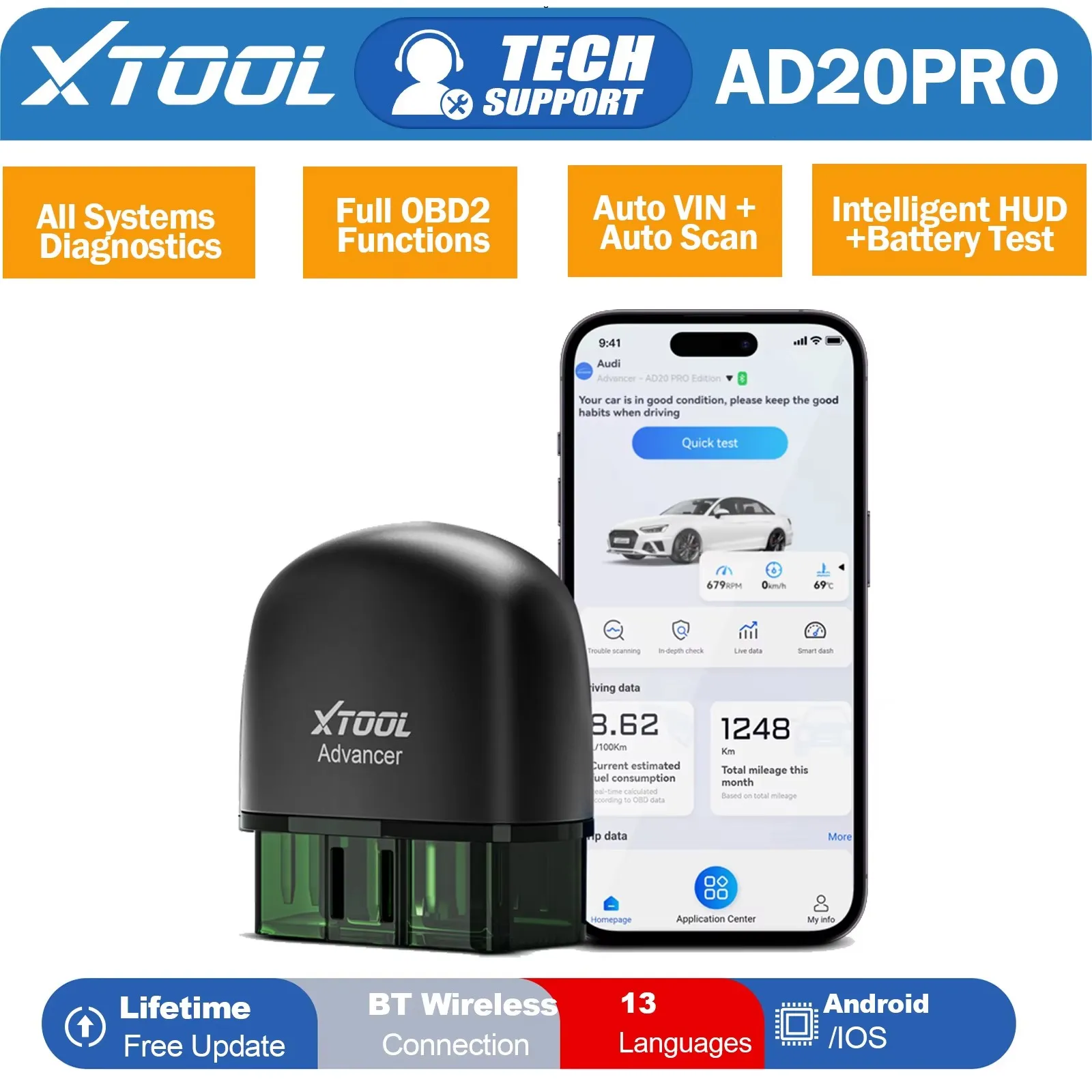 XTOOL Advancer AD20PRO todos los sistemas de diagnóstico inalámbrico BT lector de código OBD2 para coche actualización gratuita de por vida prueba de batería de escaneo automático VIN