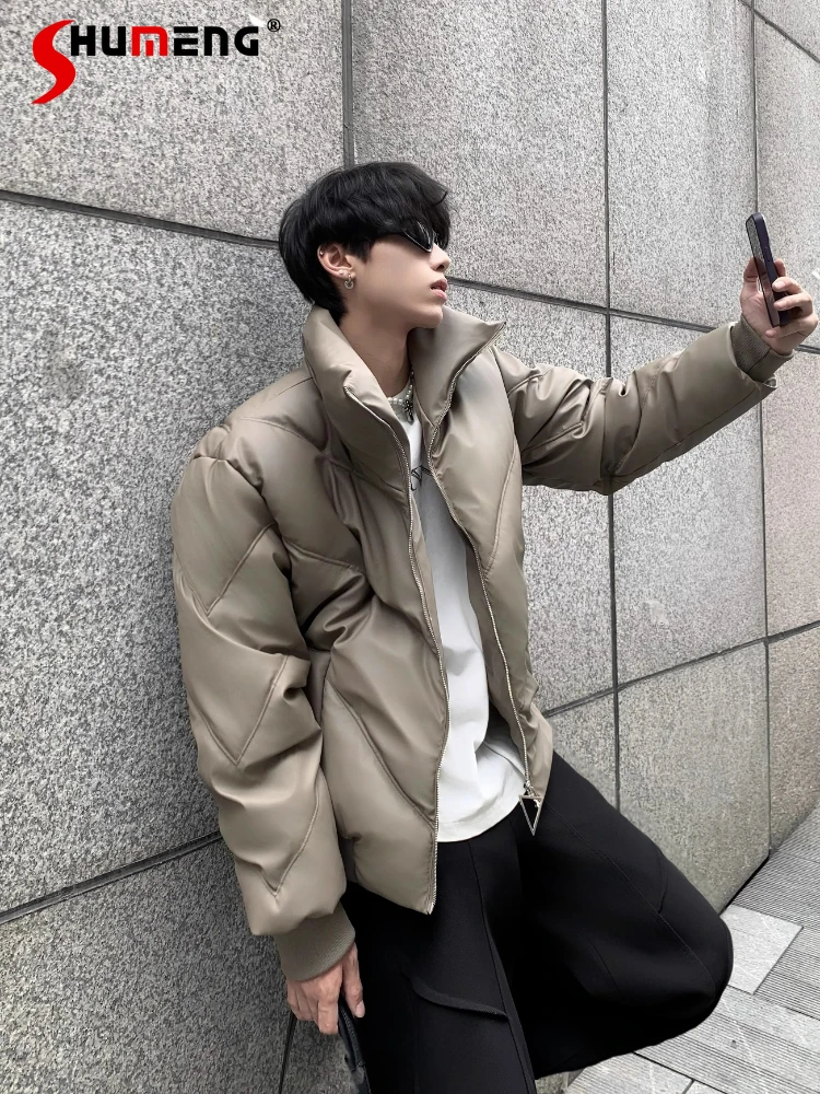 

Fashion Stand Collar Thickened PU Leather Parkas Men 2025 Winter New Warm Padded High-end Parkas Long Sleeve Solid Color Coats