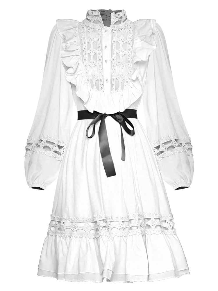 

Fashion Runway Spring Women's Vestidos Lantern Sleeve Hollow Out High waist Belted Elegant White Dress