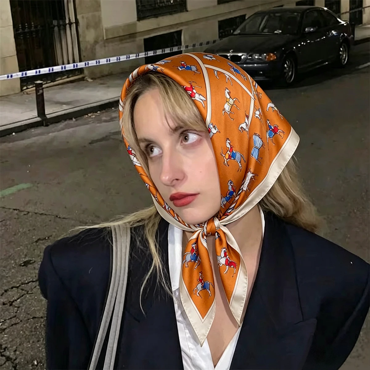 2026 New Satin Triangle Scarf Women Horse Print Silky Neck Bandana Multi Purpose Waist Head Wrap Elegant Fashion Accessory