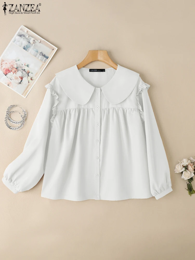 

ZANZEA Autumn Office Shirts Women Elegant Long Sleeve Work Blouse Stylish Flounce Holiday Tops Casual Solid Pleated Blusas 2025