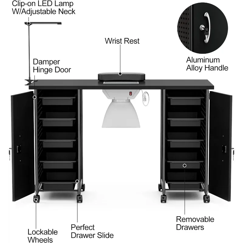 Apelila Professional Manicure Table Nail Desk Beauty Nail Salon Technician Casters,LED Lamp (Nail Desk with 10 Drawers)