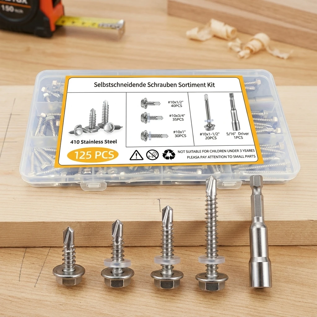 125Pcs Hex Self Drilling Screws Kit in 4 Sizes #10x1/2-1-1/2 Inch Alloy Steel for Metal and Woods Applications Screws