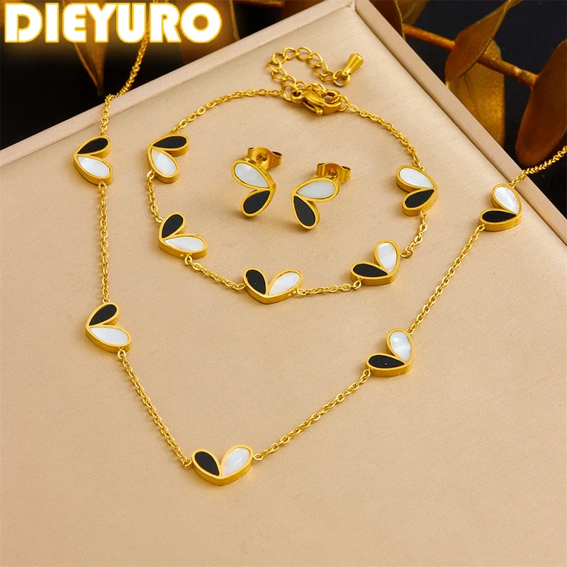 DIEYURO 316L Stainless Steel  Black White Shell Peach Heart Necklace Earrings Bracelet Set For Womens New Fashion Jewelry Gift