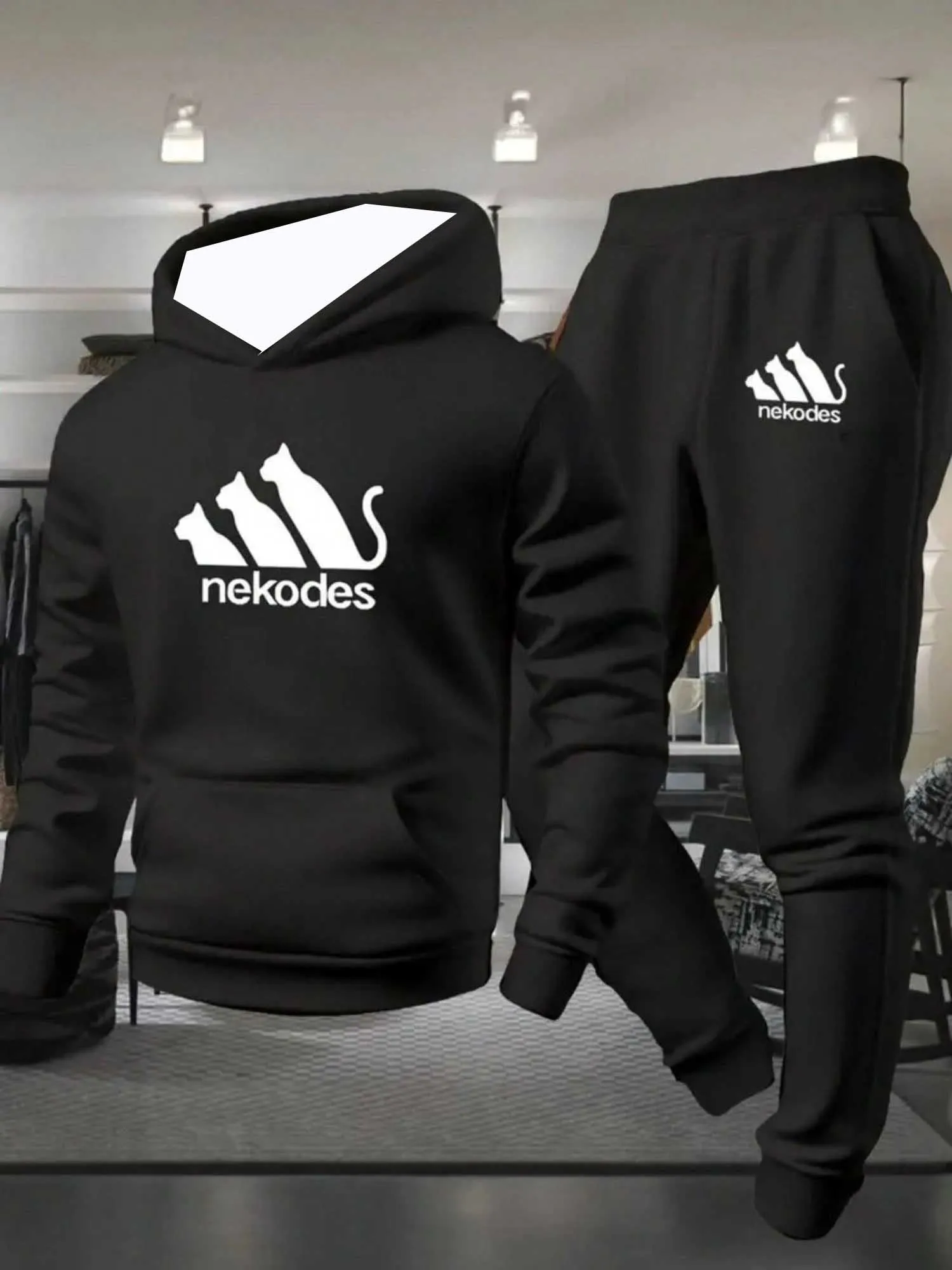 

2025-26 Autumn/Winter New Y2K Men's Set Black Hoodie Cat 3D Printed Oversized Sports Set Fashion and Leisure Two Piece Set