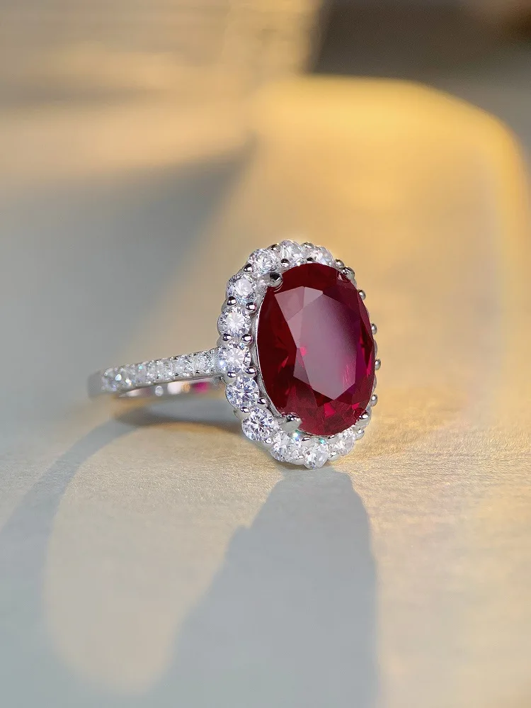 Super Weißgold 18 Karat Ring ovale Form 8ct Rubin Verlobung sring für Frauen großes brillantes Geschenk für Mädchen Geburtstag rote Edelsteine Schmuck – Detail 3