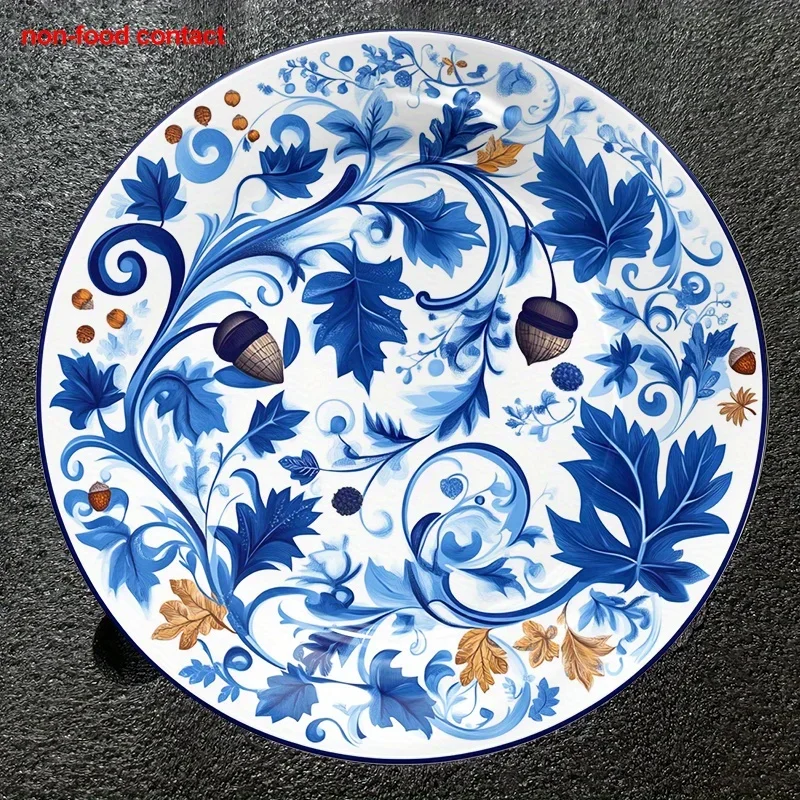 1pc 8-Inch Round Ceramic Hanging Wall Plate - Blue & White Vintage Floral Pattern, Non-Food Contact, Art Deco Style, Perfect