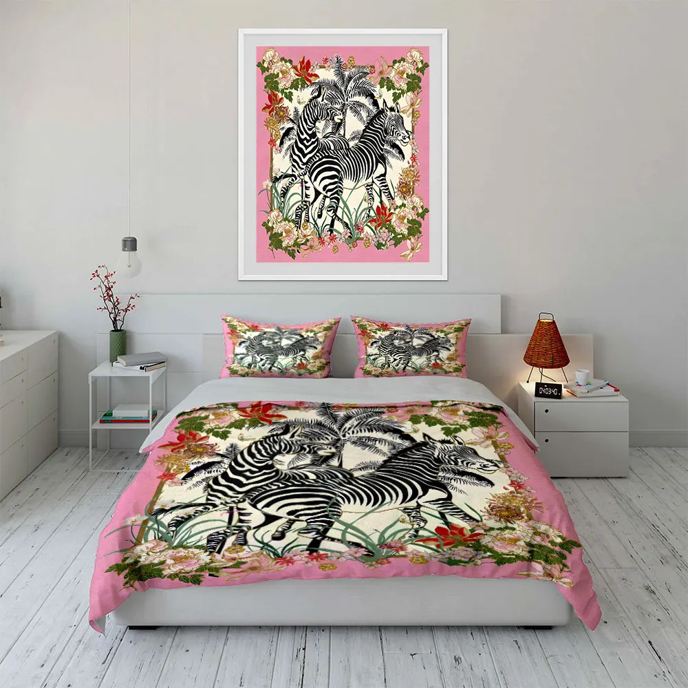 Zebras with floral background Bedding Set for Kids Luxury Gift 3pcs Digital Print Comforter Set Soft Comfortable Breathable