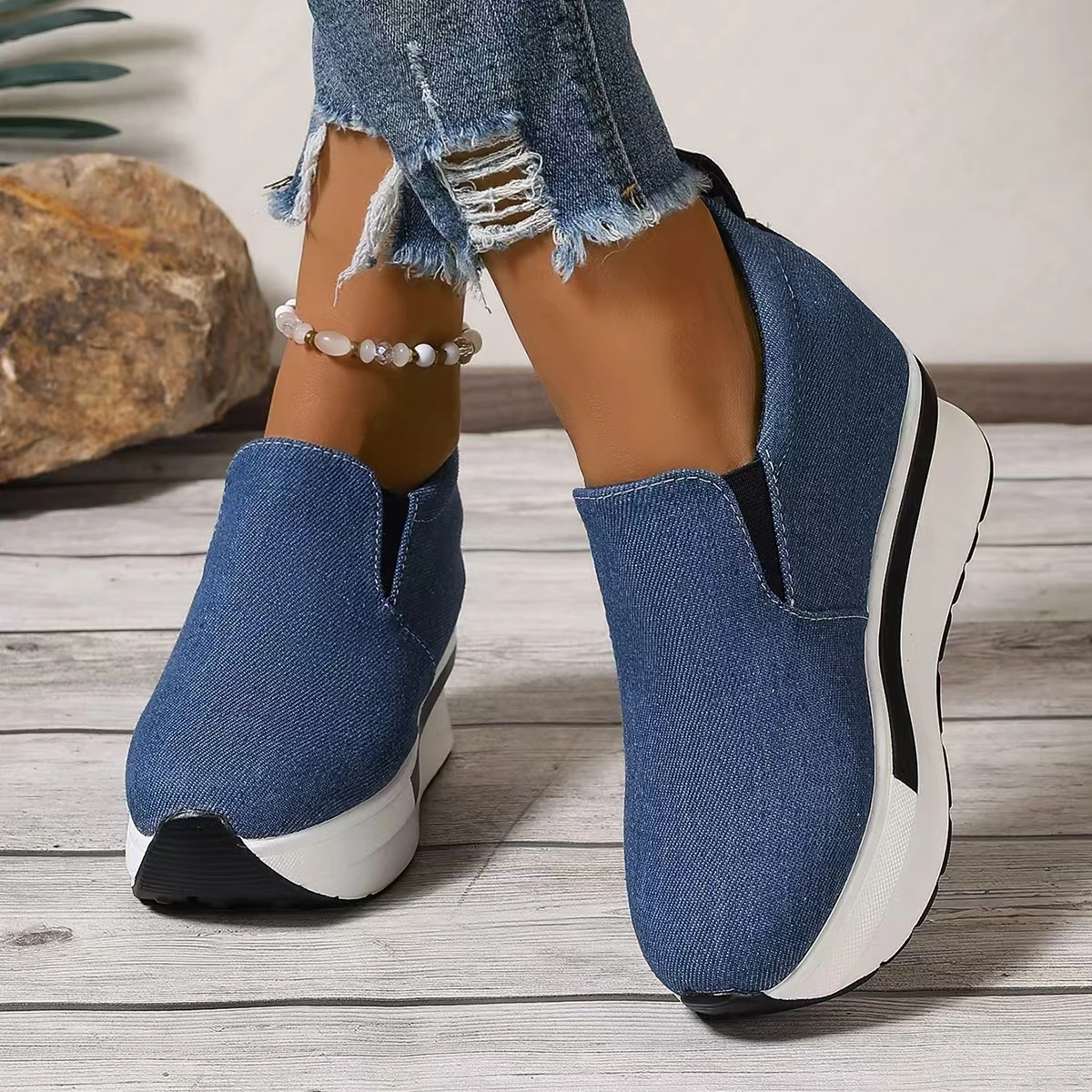 Women's Height Increasing Wedges Shoes Lightweight Slip On Platform Sneakers Women Thick Sole Denim Walking Rocker Shoes Woman