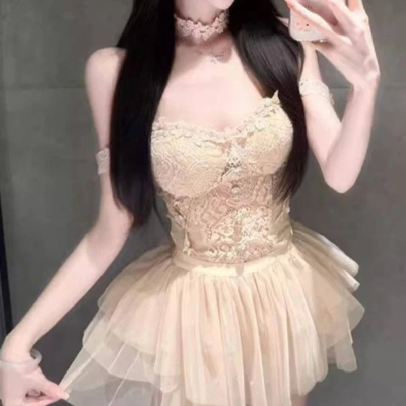 

Elegant Princess Lace High Waist 2 Pieces Set Women Patchwork Camisole Ruffle Skirt Suits Sweet Fairy Party Daily Date Outfits