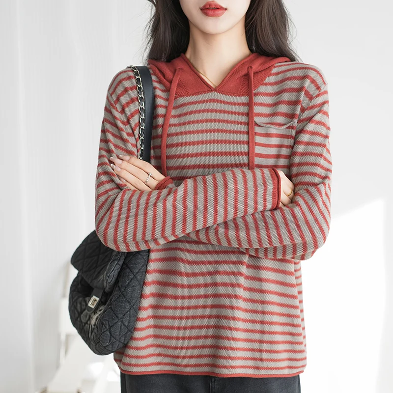 

Spring Autumn Women Fashion Casual 100% Cotton Striped Hooded Sweater Ladies Knitted Loose Long Sleeve Pullover Streetwear Tops