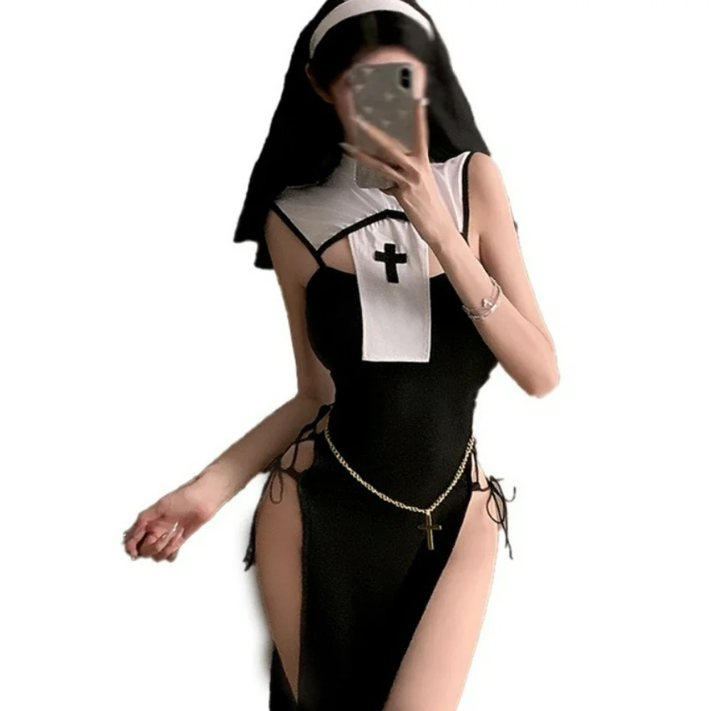 

Sexy Lingerie Nurse Costume Crotchless Maid Dress Anime Cosplay Halloween Party Uniform Black Backless Long Dress with Headband