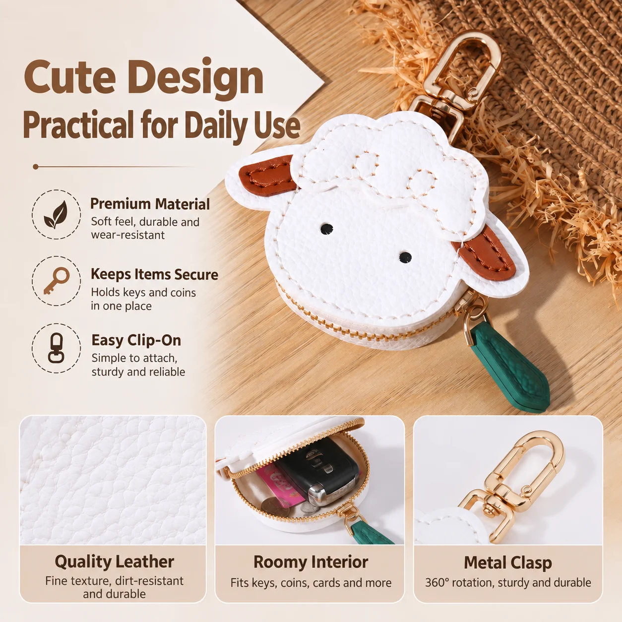 Coin Purse Keychain Layered Pu Leather Coin Purse Zipper Pocket Coin Purse Cartoon For Handbag Charm Daily Commutes Outings