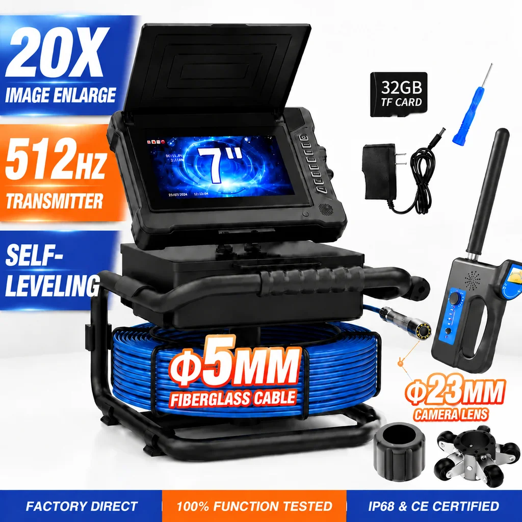 7”  Sewer Pipe Inspection Camera Drain Sewer Pipeline Industrial Endoscope Self-Leveling DVR Video Recording 20M Cable