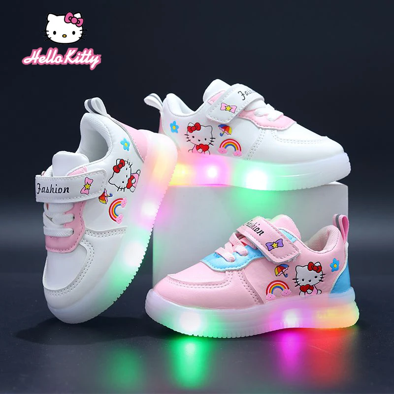 Anime Sanrios Hellokittys Light Up Kids Sneakers White Girl Baby Single Board Shoes Sports Soft Bottom Toddler Outdoor Shoes New