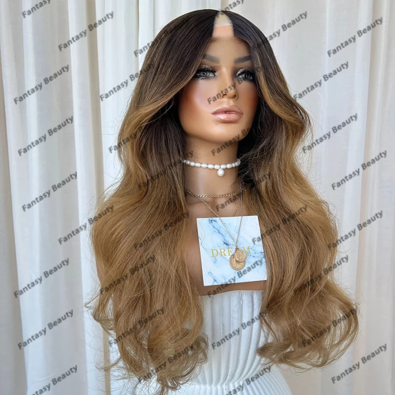 

Long Wavy Ombre Golden Brown Human Hair 1x4 Full 180Density V Part Wigs for Black Women Adjustable Full Ends U Part Wigs Remy