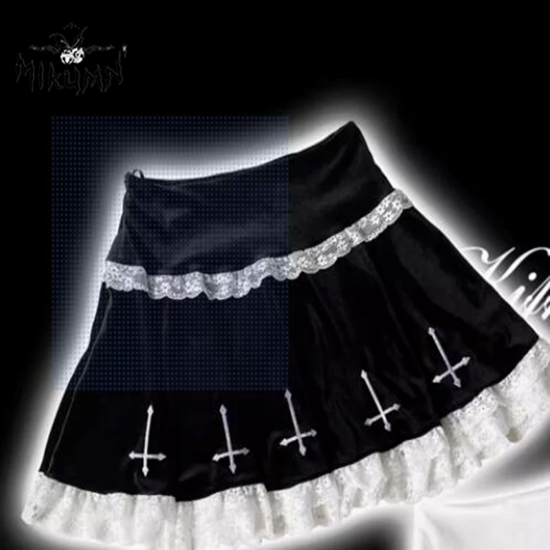 Mikumn Harajuku Gothic Lolita Style Mini Skirt Y2k Punk Women Black White Lace Cross Embroidery High Waist Pleated Skirt Saias