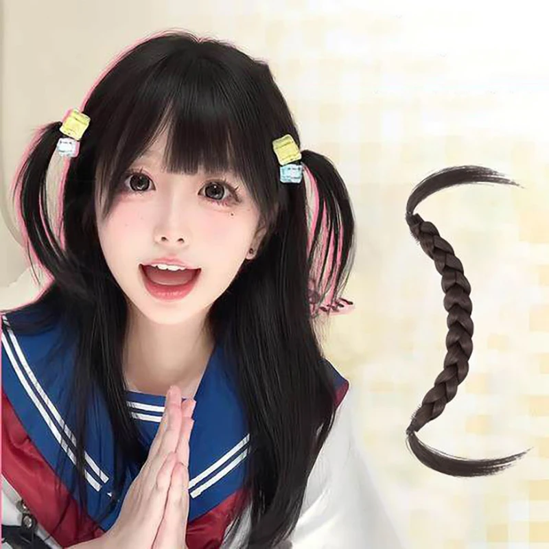 وصلات شعر صناعية مضفرة على شكل ذيل حصان مع دبوس شعر مستقيم ملفوف حول وصلات شعر ذيل حصان طبيعي ناعم