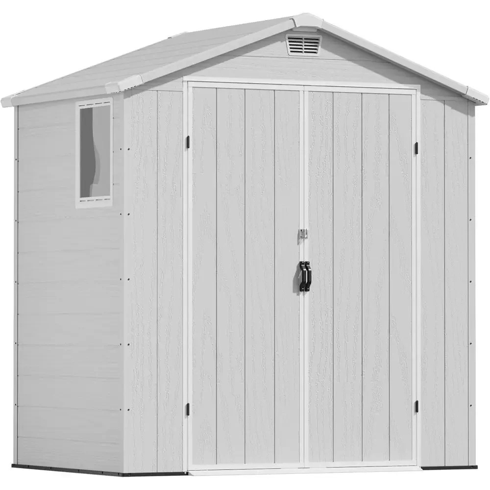 Light Gray 6x4 Outdoor Plastic Garden Shed with Floor, Lockable Door, and Window for Storage in Yard