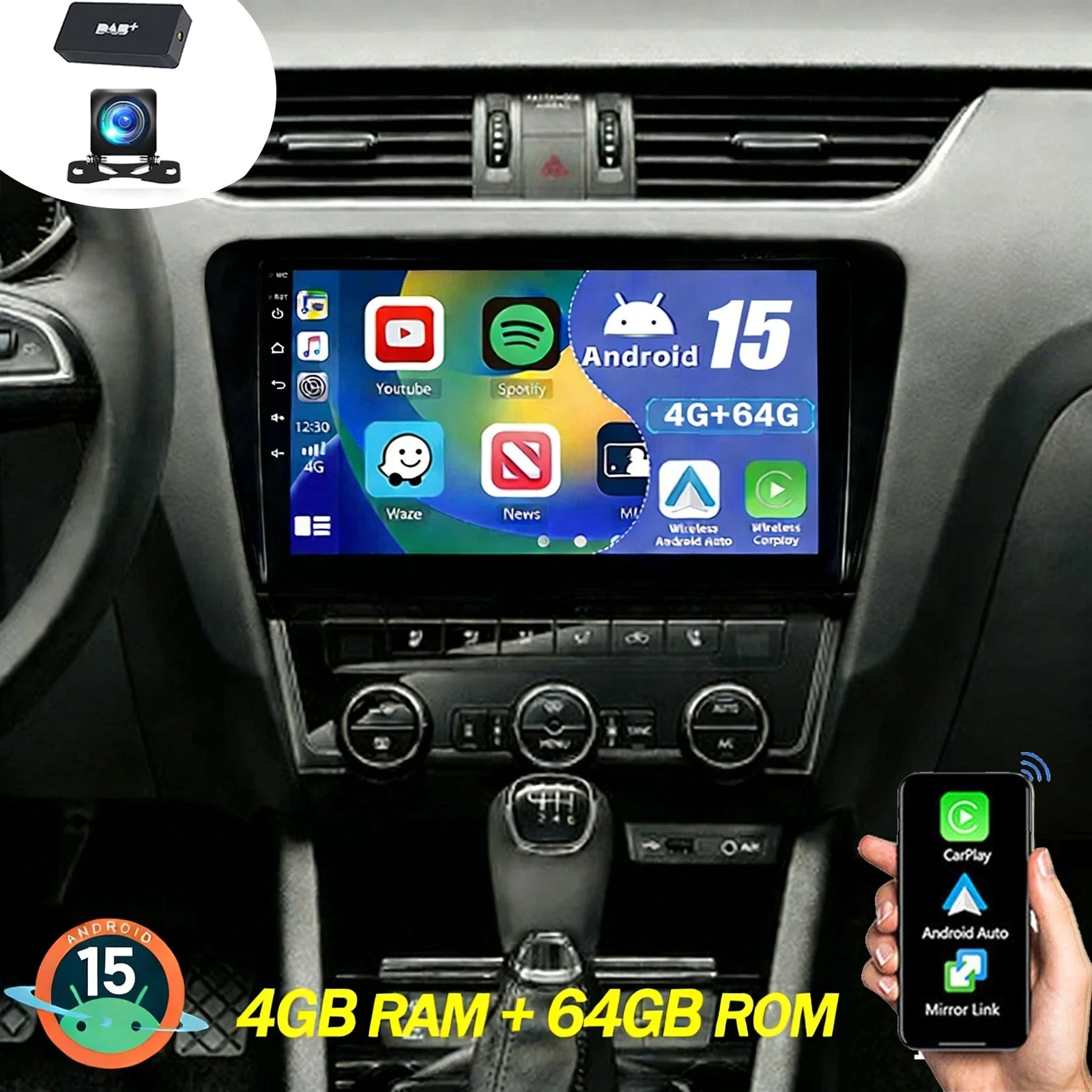 ESSGOO 10,1" Autoradio mit 4 GB RAM und 64 GB Speicher, Android 15, CarPlay und Automatikfunktionen für Volkswagen und Skoda Octavia III 3.5E (2013–2018) mit Multimedia-System, 360°-Kamera,