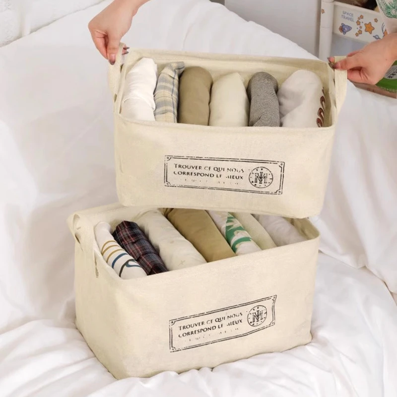 Simple Storage Basket Cotton Linen Laundry Baskets Foldable Desktop Sundries Organizer Closet Clothes Underwear Storage Box