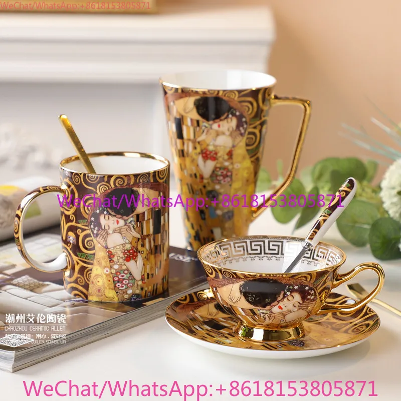 Vintage oil painting royal bone china gold-painted saucer afternoon teacup European tea set ceramics