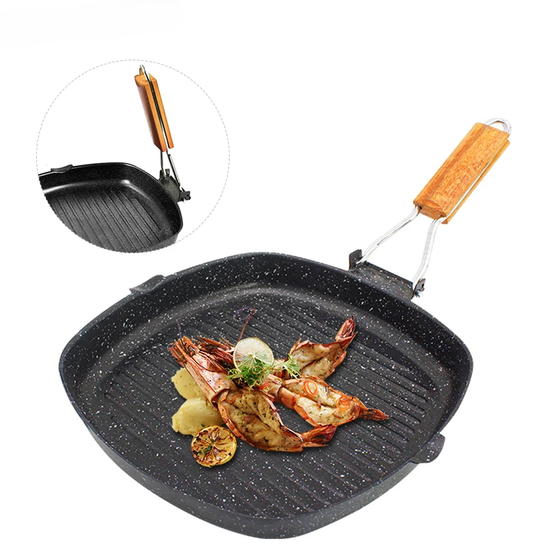 Steak Frying Pan, Cast Iron Non Stick Portable Grill, Deep Square Griddle Pan with Folding Wooden Handles Cooking Pans