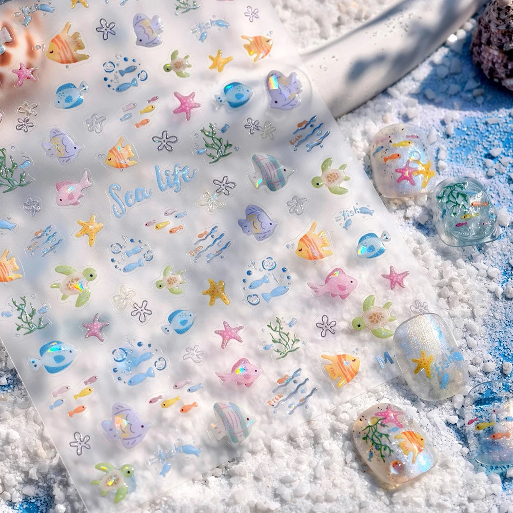Adorable Swimming Turtles Underwater Ocean Nail Decals Colorful Fish Schools Delicate Starfish Coral 5D Jelly Nail Art Sticker