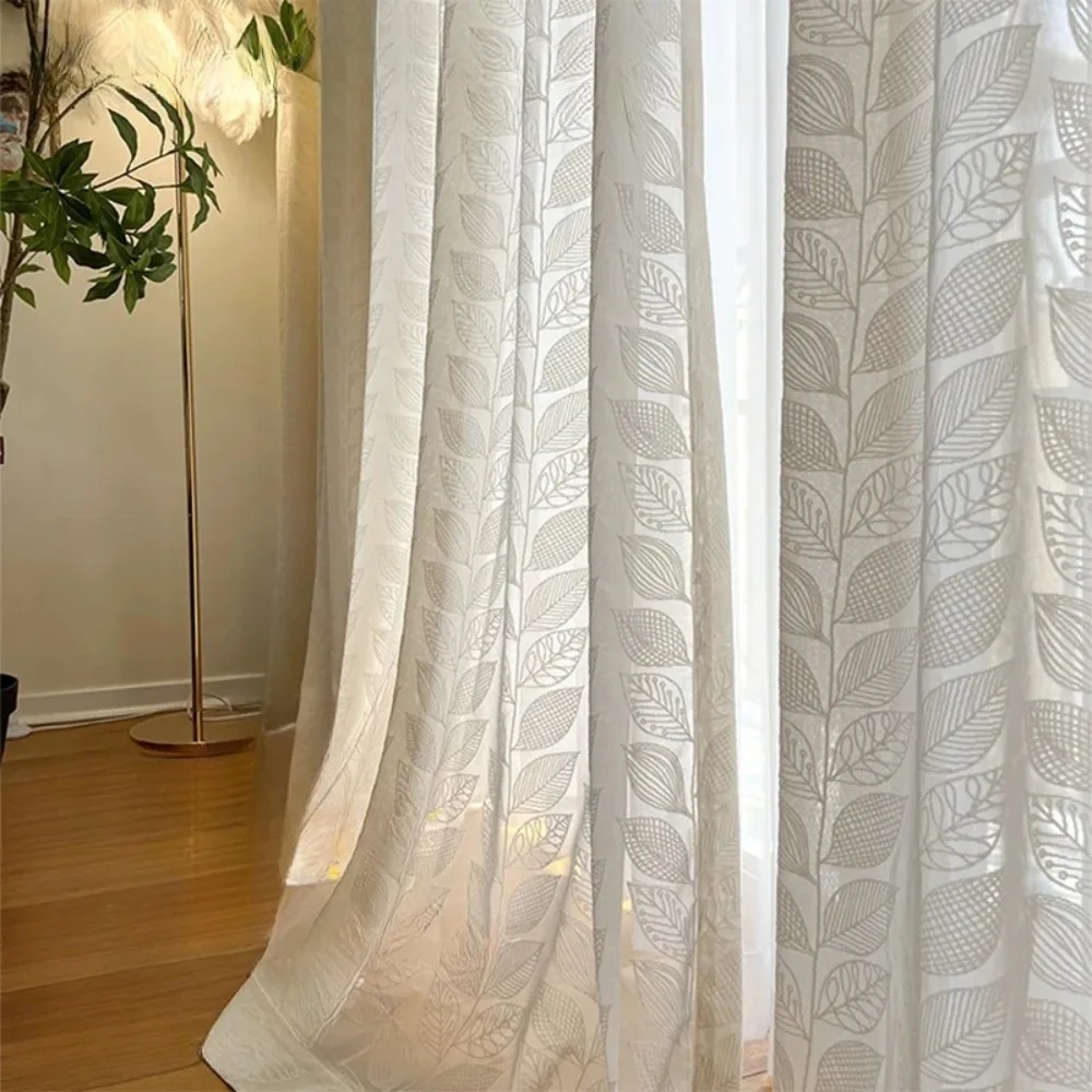 

French Cream Beige Wind Leaf Three-dimensional Relief Curtains for Living Dining Room Bedroom Window Screen New Custom Size