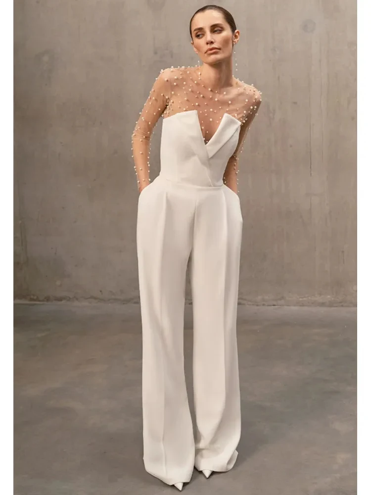 Women Luxury Sexy Long Sleeve Pearl White Bodycon Set Jumpsuit 2024 Celebrity Designer High Street Fashion Show Rompers ﻿