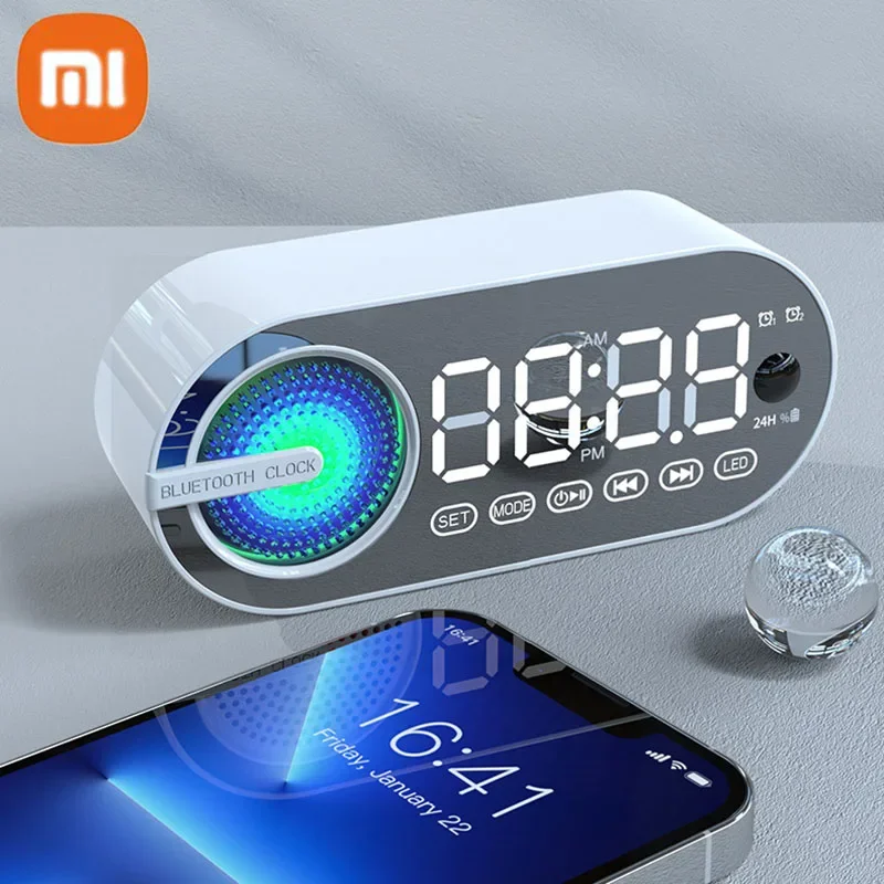 XIAOMI Bluetooth Wireless Mini Speaker, Mirror Alarm Clock with Colorful Lights Subwoofer Loudspeaker Box Support FM TF Card