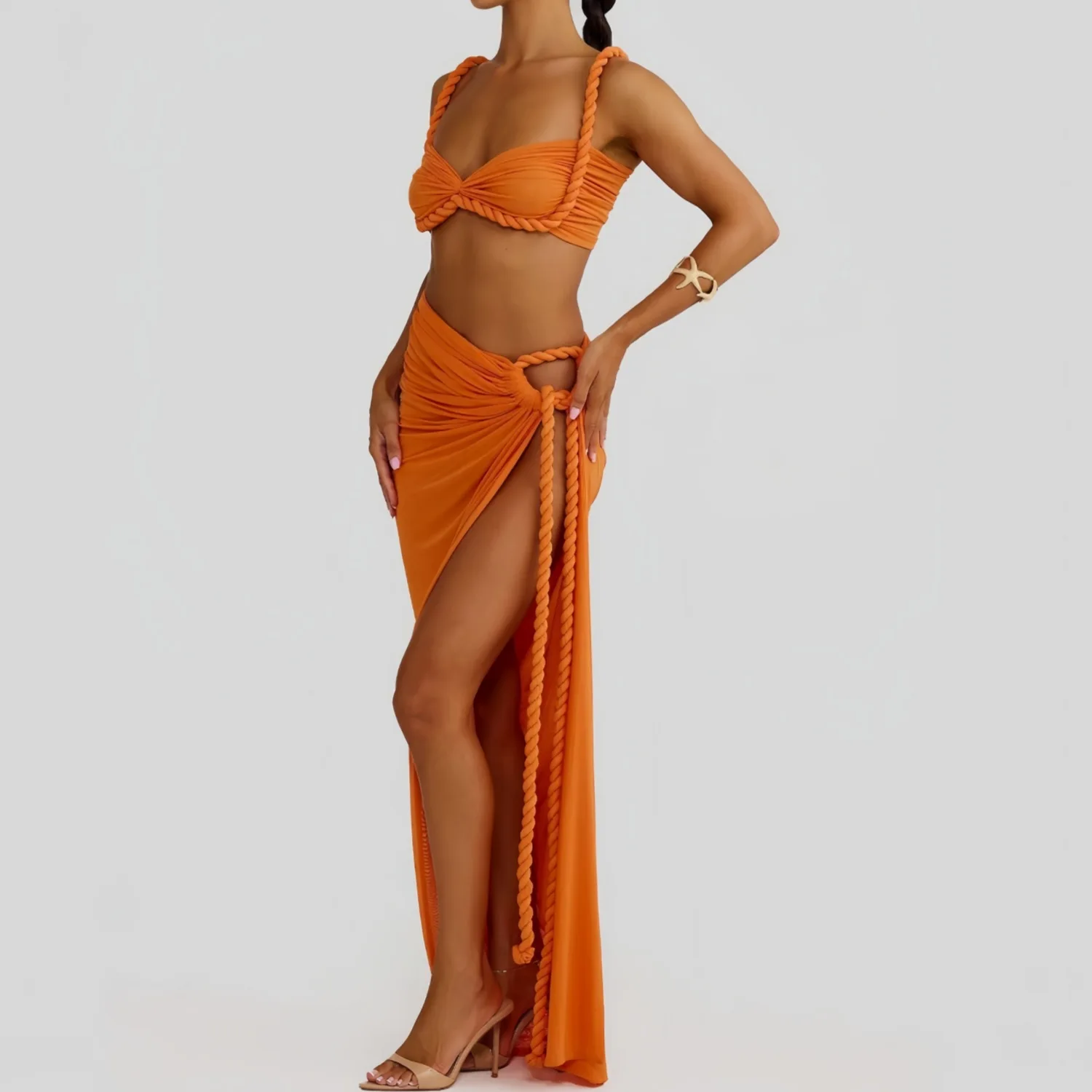 シスタースター女性の快適なセクシーなファッションビーチ水着卸売織ホルタートップスプリットスカート休暇ツーピースセット