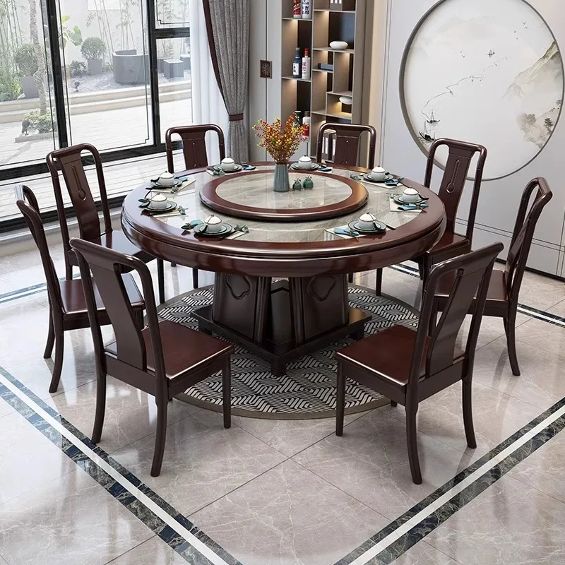 

New Chinese Slate Round Dining Table and Chairs for Home Rotating Solid Wood 1.8 Rice Table Hotel with Turntable 2 Meter