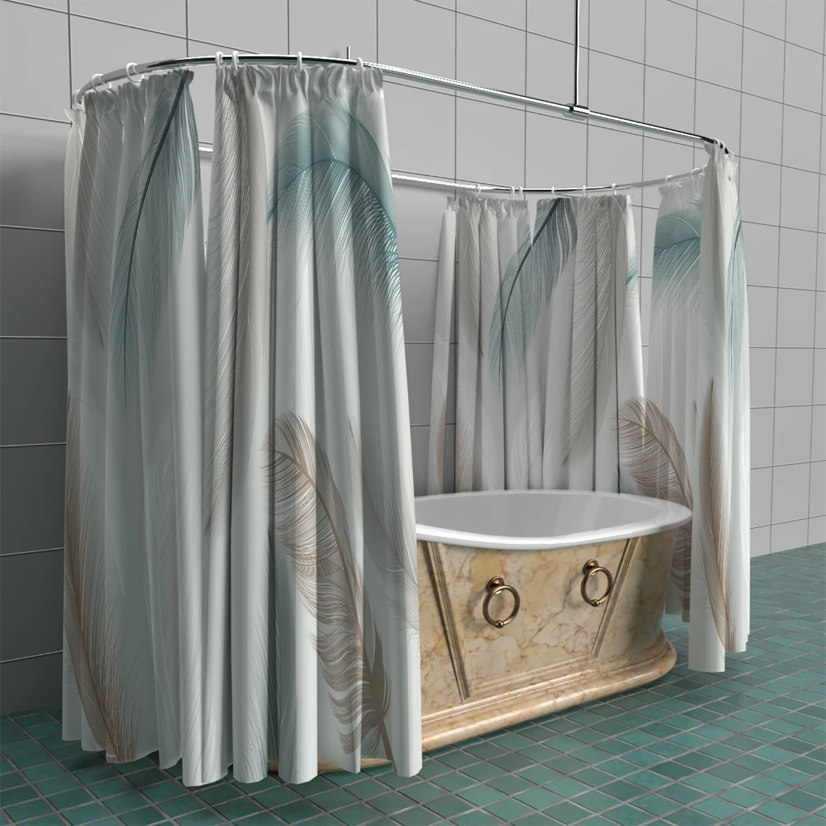 1pc, 180x180cm polyester shower curtain, mildew proof, waterproof, perforated with hooks, anti-pilling, feather pattern